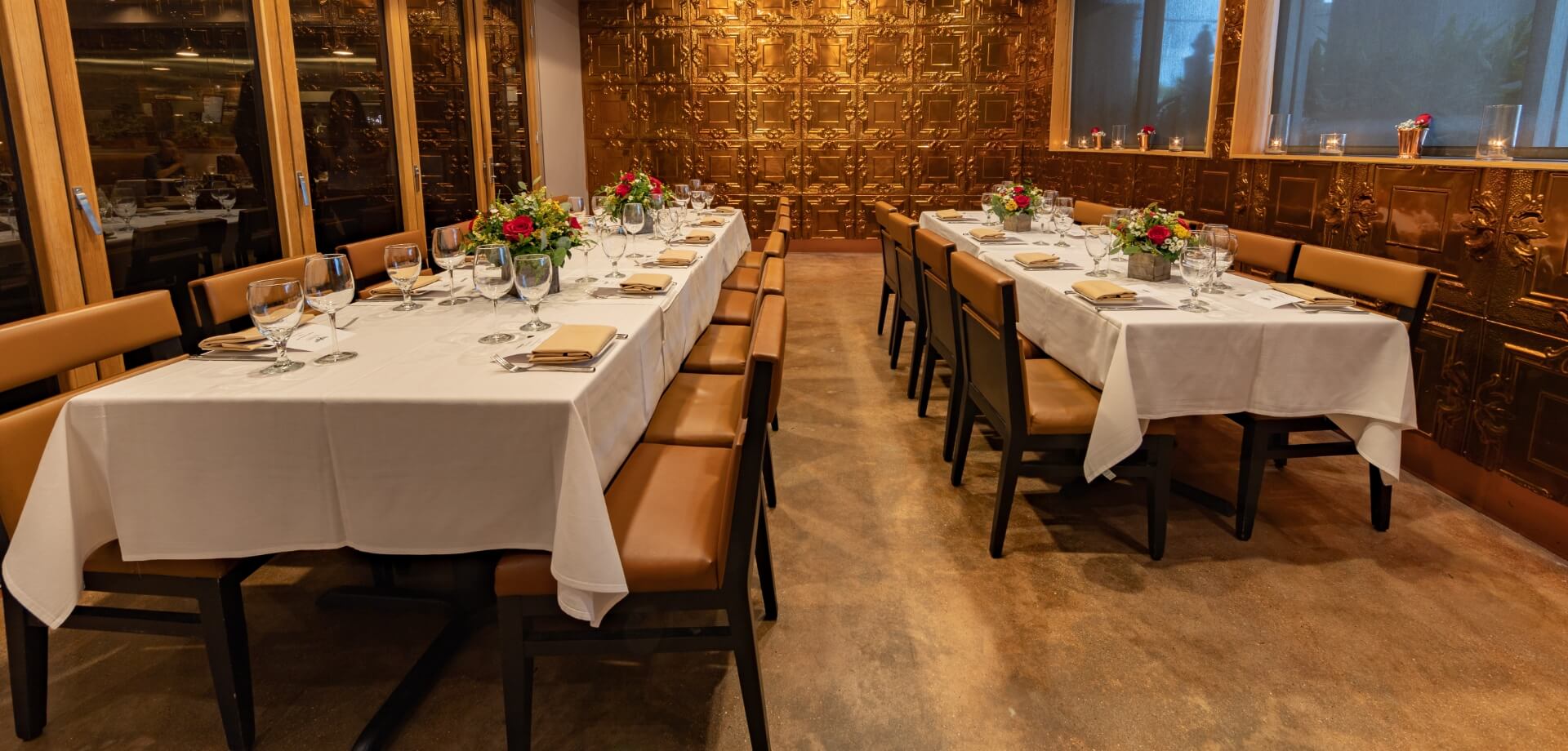 Two rows of tables in the Miami, FL