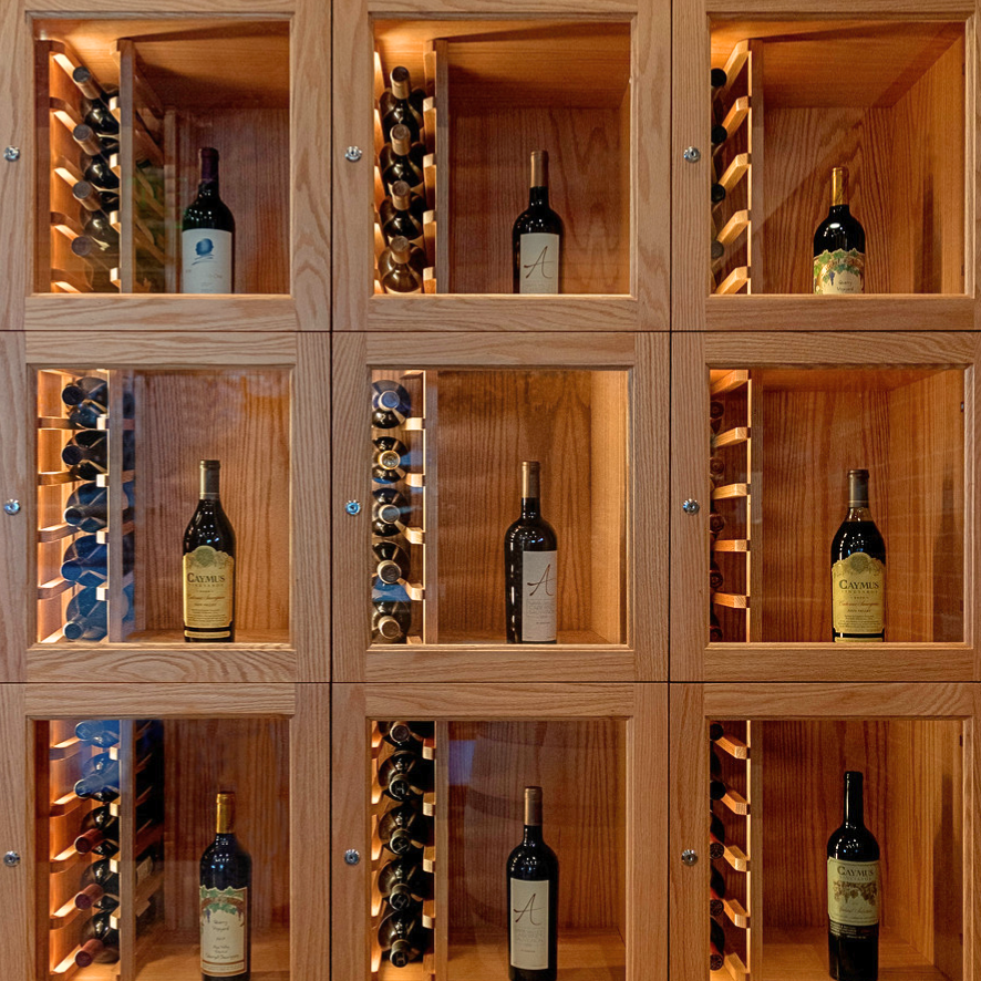 View of the wine lockers at Chef Adrianne's Vineyard Restaurant and Bar in Miami, FL